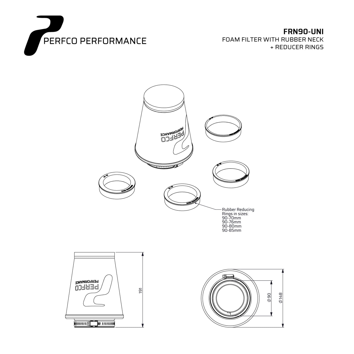 Perfco Universal RN Series Cone Filter 90mm with 70/76/80/85mm Adapters